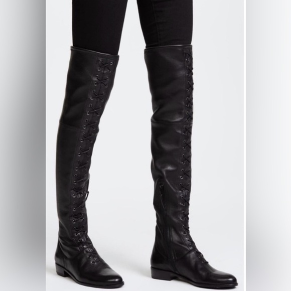 Stuart Weitzman Exes Black Leather Lace Up OTK Boots Size 9.5 - Picture 10 of 10